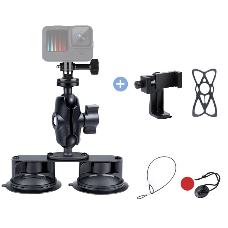 Dual Suction Cup Mount Holder with Tripod Adapter & Screw & Phone Clamp & Anti-lost Silicone Net for for GoPro, Insta360, DJI and Other Action Cameras, Smartphones(Black) - Holder by PMC TechLife | Online Shopping South Africa | PMC TechLife | Buy Now Pay Later Mobicred
