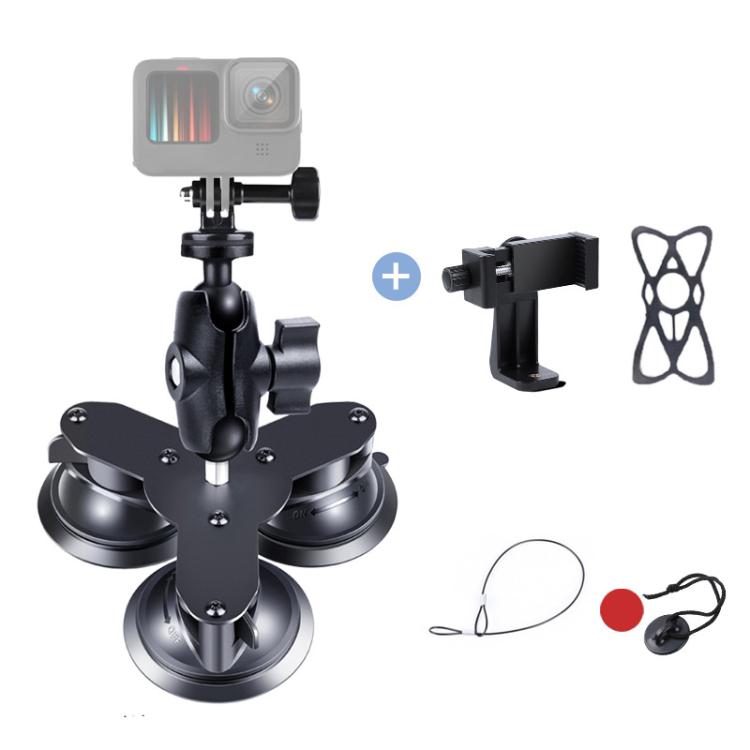 Triangle Suction Cup Mount Holder with Tripod Adapter & Screw & Phone Clamp & Anti-lost Silicone Net for for GoPro, Insta360, DJI and Other Action Cameras, Smartphones(Black) - Holder by PMC TechLife | Online Shopping South Africa | PMC TechLife | Buy Now Pay Later Mobicred
