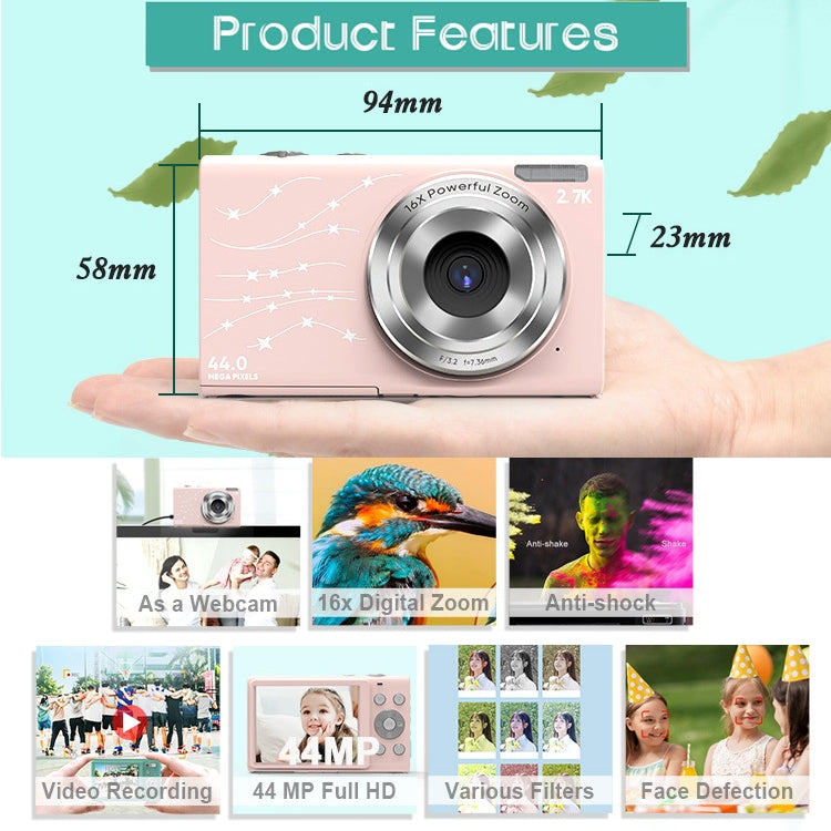 DC402 2.4 inch 44MP 16X Zoom 2.7K Full HD Digital Camera Children Card Camera, UK Plug (Pink) - Children Cameras by PMC TechLife | Online Shopping South Africa | PMC TechLife | Buy Now Pay Later Mobicred
