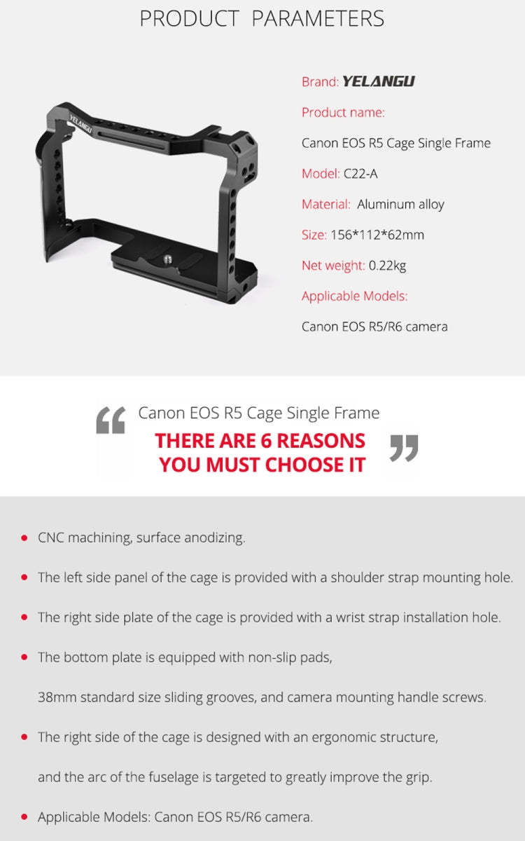 YELANGU C22-A YLG0334B-A Video Camera Cage Stabilizer for Canon EOS R5/R6/R(Black) - free shipping - PMC TechLife - Order now!
