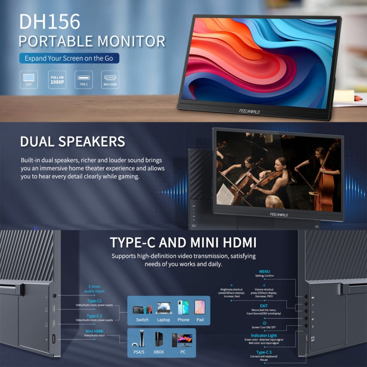 FEELWORLD DH156 15.6 inch Portable External Monitor FHD 1080P USB-C HDMI (Black) - free shipping - PMC TechLife - Order now!