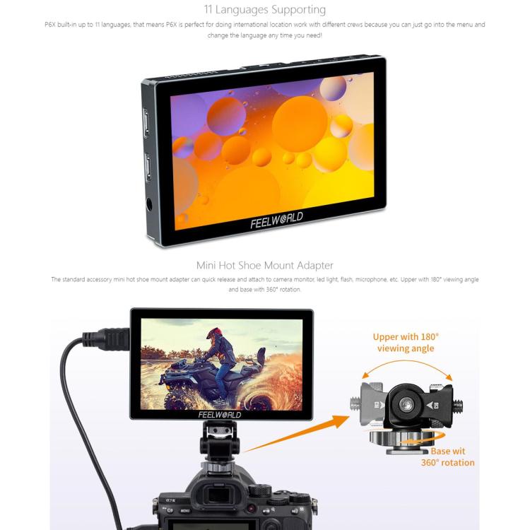 FEELWORLD P6X 5.5 inch Aluminium DSLR Camera Field Monitor Touch Screen 4K HDMI High Brightness 1000nit Monitor (Black) - free shipping - PMC TechLife - Order now!