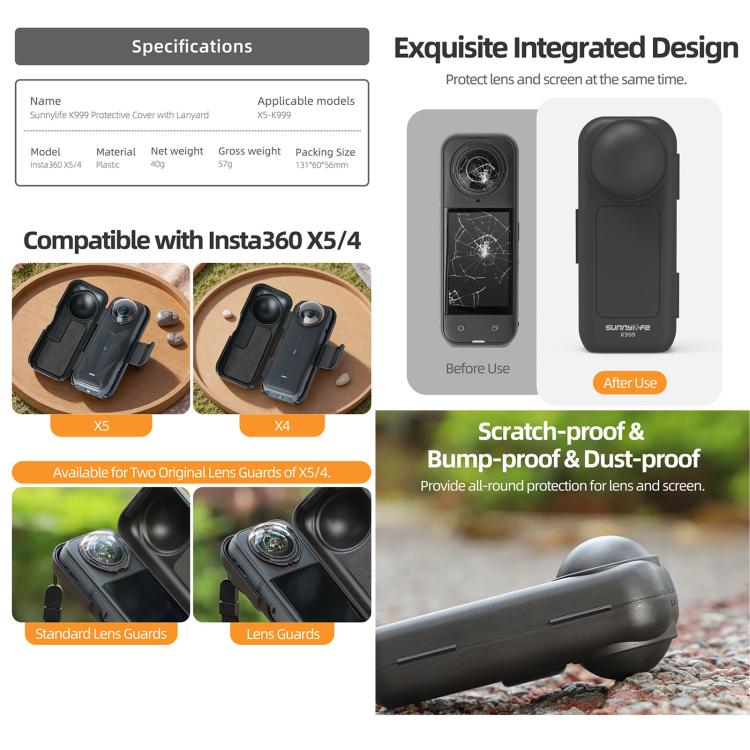 For Insta360 X5 / X4 Sunnylife Integrated Lens Screen Protective Cover Camera Case with Strap (Black) - free shipping - PMC TechLife - Order now!