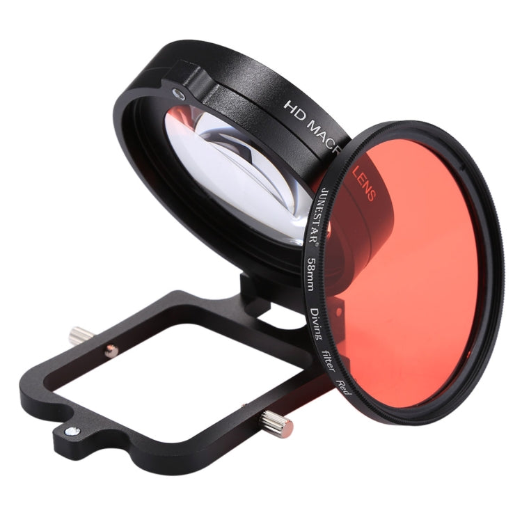 JSR 58mm 16X Macro Lens + Red Diving Lens Filter with Lens Cover + Lens Filter Ring Adapter + String + Cleaning Cloth for GoPro HERO6 /5 Dive Housing - free shipping - PMC TechLife - Order now!