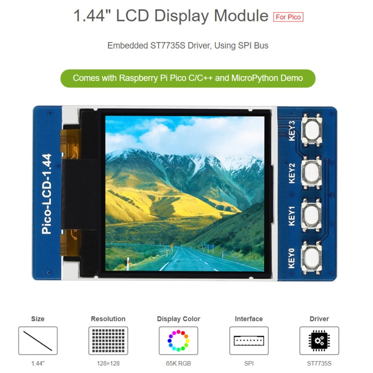 WAVESHARE 1.44 inch LCD 65K Colors 128 x 128 Display Module for Raspberry Pi Pico,  SPI Interface - free shipping - PMC Jewellery - Order now!