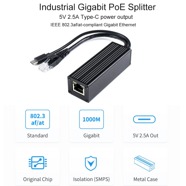 Waveshare Metal Case Gigabit PoE Splitter, 5V 2.5A Type-C Out - free shipping - PMC TechLife - Order now!