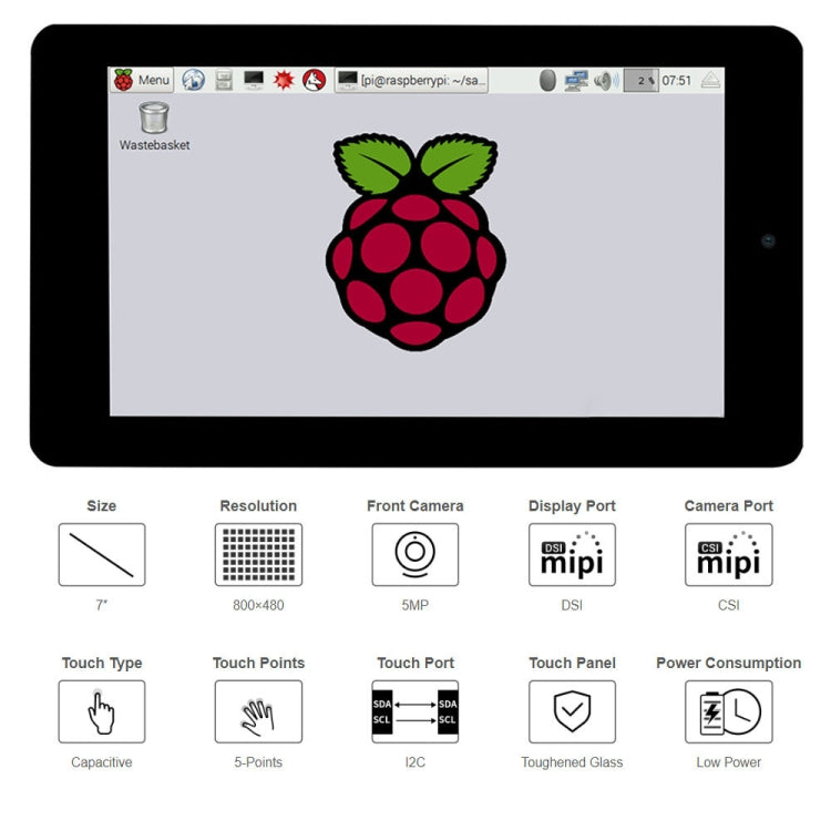 WAVESHARE 7 inch 800 x 480 Capacitive Touch Display with Front Camera for Raspberry Pi - free shipping - PMC TechLife - Order now!