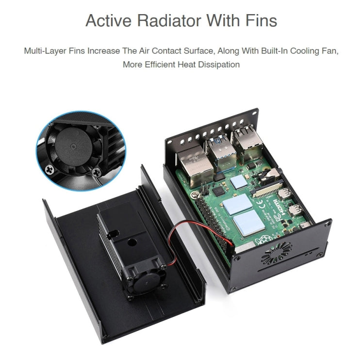 Waveshare Stripe Aluminum Cooling Case for Raspberry Pi 4, Built-In Active Radiator with Fins(Black) - Other Accessories by WAVESHARE | Online Shopping South Africa | PMC TechLife | Buy Now Pay Later Mobicred