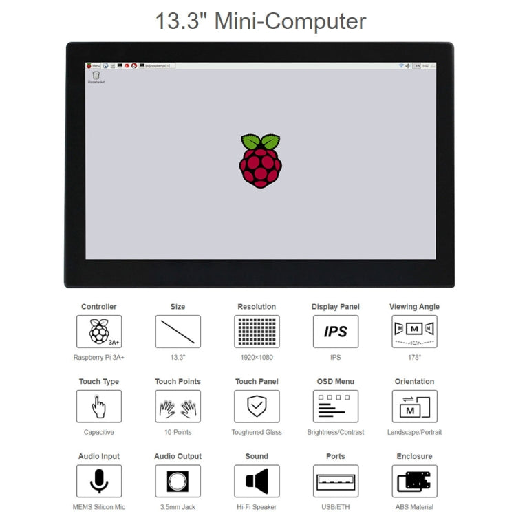 Waveshare 13.3 inch Mini-Computer Powered by Raspberry Pi 3A+, HD Touch Screen(EU Plug) - free shipping - PMC Jewellery - Order now!