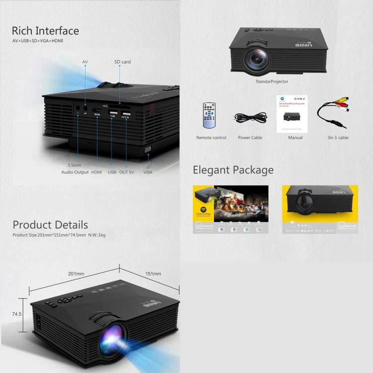 UC68+ 40ANSI 1024 x 600P Home Theater Multimedia HD LED Projector,  Support USB/SD/HDMI/VGA/IR - LED Projector by PMC TechLife | Online Shopping South Africa | PMC TechLife | Buy Now Pay Later Mobicred