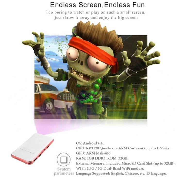 Wejoy DL-S6+ 1000 Lumens 854x480 Smart Mini Projector, RK3128 CPU, 1GB+32GB, Android 4.4, Bluetooth, WiFi, HDMI(Rose Gold) - free shipping - PMc TechLife - Order now!