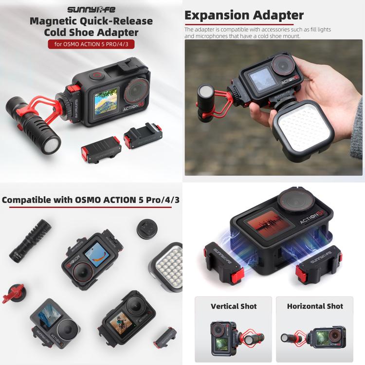 For DJI Osmo Action 5 Pro / 4 / 3 Sunnylife Foldable Magnetic Quick Release Mount + Magnetic Cold Shoe Adapter (Black) - free shipping - PMC TechLife - Order now!