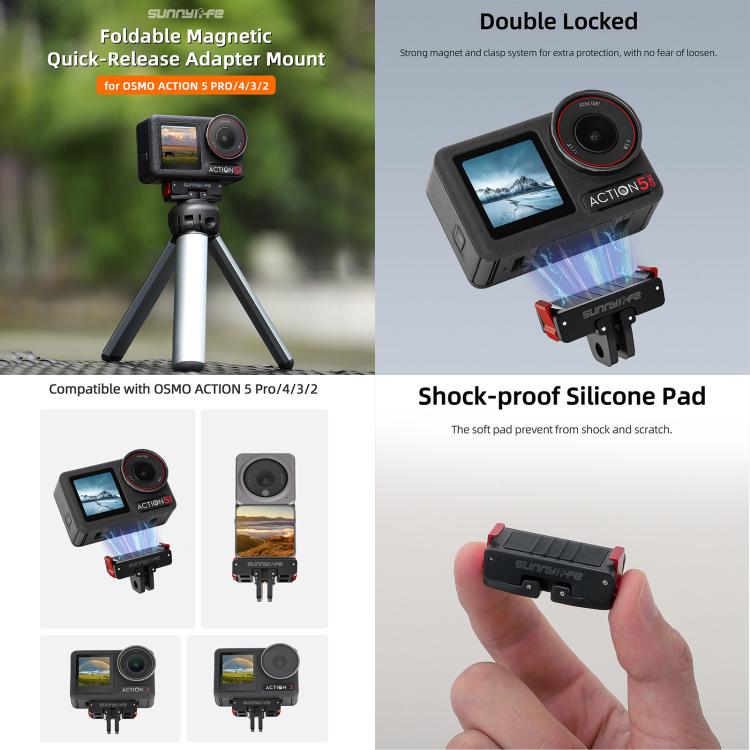 For DJI Osmo Action 5 Pro / 4 / 3 Sunnylife Foldable Magnetic Quick Release Mount + Magnetic Cold Shoe Adapter (Black) - free shipping - PMC TechLife - Order now!