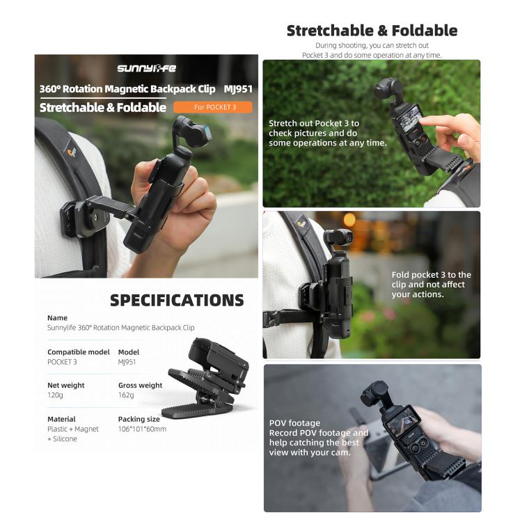 For DJI Osmo Pocket 3 Sunnylife Stretchable Backpack Clip Rotatable Magnetic Mount Action Camera Holder Vlog Mount (Black) - free shipping - PMC TechLife - Order now!
