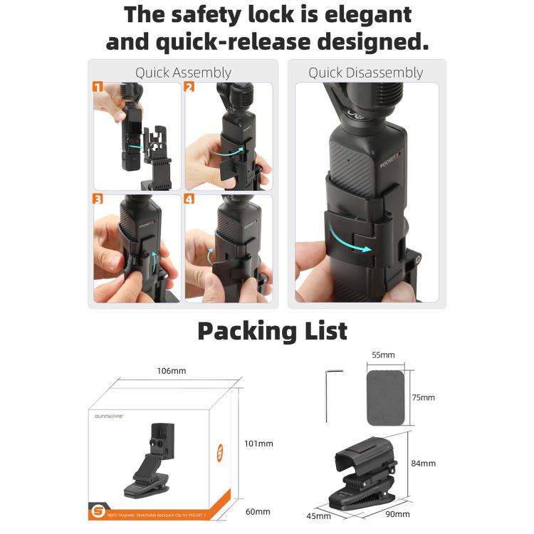 For DJI Osmo Pocket 3 Sunnylife Stretchable Backpack Clip Rotatable Magnetic Mount Action Camera Holder Vlog Mount (Black) - free shipping - PMC TechLife - Order now!