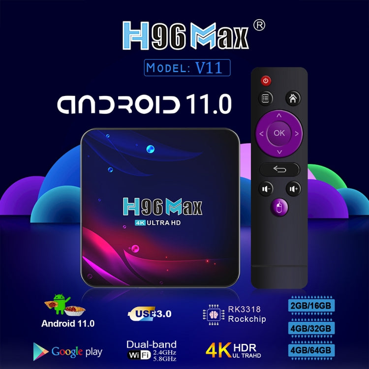 H96 Max V11 4K Smart TV BOX Android 11.0 Media Player with Remote Control, RK3318 Quad-Core 64bit Cortex-A53, RAM: 4GB, ROM: 32GB, Support Dual Band WiFi, Bluetooth, Ethernet, EU Plug - RK3318 by PMC TechLife | Online Shopping South Africa | PMC TechLife | Buy Now Pay Later Mobicred