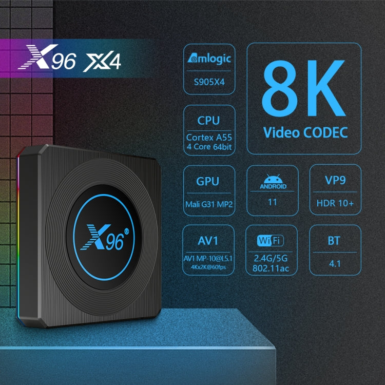 X96 X4 8K Smart TV BOX Android 11.0 Media Player with Remote Control, Amlogic S905X4 Quad Core ARM Cortex A55, RAM: 4GB, ROM: 32GB, Support 1000M, Dual Band WiFi, Bluetooth, US Plug - Amlogic S905 by PMC TechLife | Online Shopping South Africa | PMC TechLife | Buy Now Pay Later Mobicred