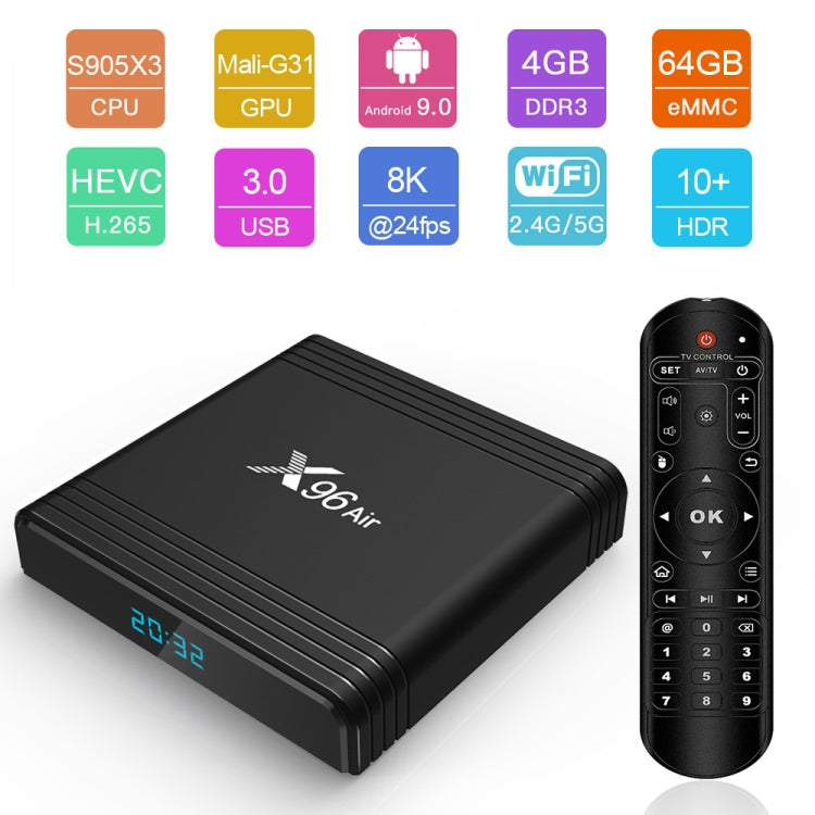 X96 Air 8K Smart TV BOX Android 9.0 Media Player with Remote Control, Quad-core Amlogic S905X3, RAM: 4GB, ROM: 32GB, Dual Band WiFi, Bluetooth, AU Plug - Amlogic S905 by PMC TechLife | Online Shopping South Africa | PMC TechLife | Buy Now Pay Later Mobicred