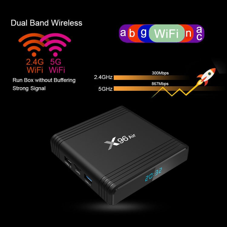 X96 Air 8K Smart TV BOX Android 9.0 Media Player with Remote Control, Quad-core Amlogic S905X3, RAM: 4GB, ROM: 64GB, Dual Band WiFi, Bluetooth, US Plug - Amlogic S905 by PMC TechLife | Online Shopping South Africa | PMC TechLife | Buy Now Pay Later Mobicred