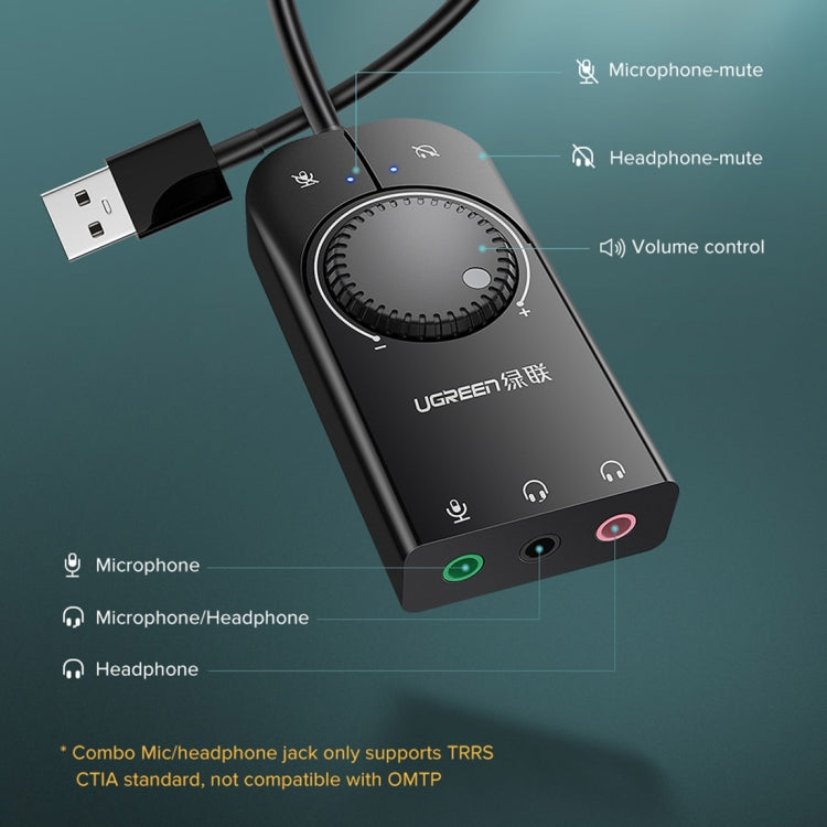 UGREEN CM109 USB to 3-ports 3.5mm Computer External Audio Card with Volume Adjustment Wheel, Length: 15cm - free shipping - PMC Jewellery - Order now!
