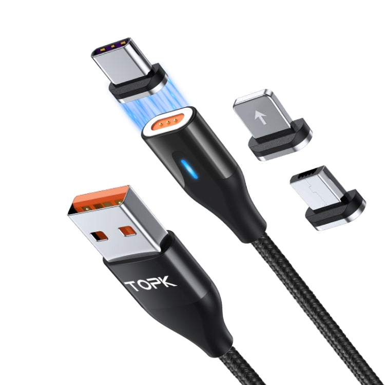 TOPK AM63 1m USB to 8 Pin + USB-C / Type-C + Micro USB 3 in 1 Flat Magnetic Metal Connector Nylon Braided Magnetic Fast Charging Data Cable(Black) - free shipping - PMC Jewellery - Order now!