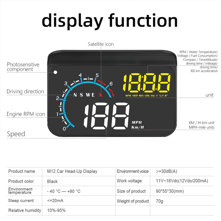 M12 OBD2 + GPS Mode Car Head-up Display HUD Overspeed / Speed / Water Temperature / Low Voltage / Fault Alarm - Head Up Display System by PMC TechLife | Online Shopping South Africa | PMC TechLife | Buy Now Pay Later Mobicred