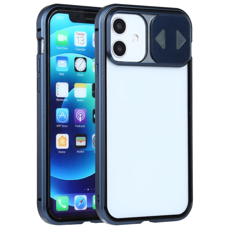 For iPhone 12 / 12 Pro Sliding Lens Cover Mirror Design Four-corner Shockproof Magnetic Metal Frame Double-sided Tempered Glass Case(Blue) - iPhone 12 / 12 Pro Cases by PMC TechLife | Online Shopping South Africa | PMC TechLife