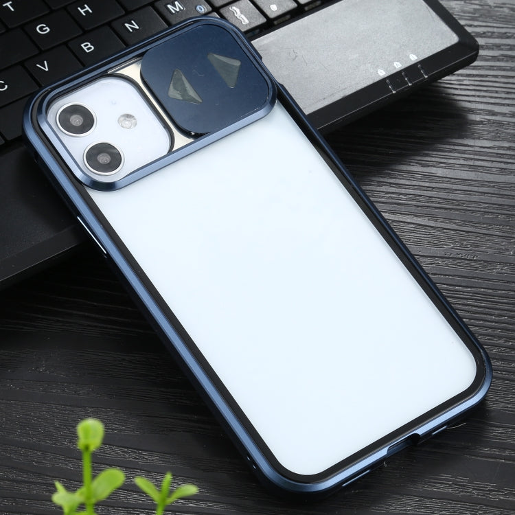 For iPhone 12 / 12 Pro Sliding Lens Cover Mirror Design Four-corner Shockproof Magnetic Metal Frame Double-sided Tempered Glass Case(Blue) - iPhone 12 / 12 Pro Cases by PMC TechLife | Online Shopping South Africa | PMC TechLife