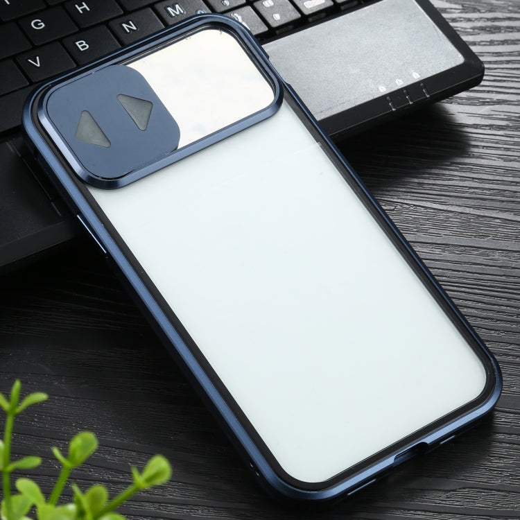 For iPhone 12 / 12 Pro Sliding Lens Cover Mirror Design Four-corner Shockproof Magnetic Metal Frame Double-sided Tempered Glass Case(Blue) - iPhone 12 / 12 Pro Cases by PMC TechLife | Online Shopping South Africa | PMC TechLife
