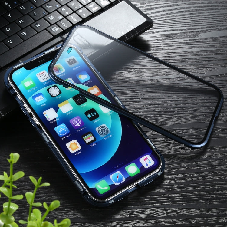 For iPhone 12 / 12 Pro Sliding Lens Cover Mirror Design Four-corner Shockproof Magnetic Metal Frame Double-sided Tempered Glass Case(Blue) - iPhone 12 / 12 Pro Cases by PMC TechLife | Online Shopping South Africa | PMC TechLife