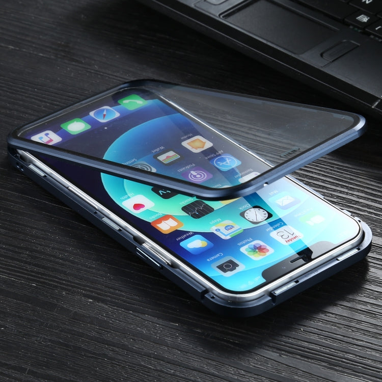 For iPhone 12 / 12 Pro Sliding Lens Cover Mirror Design Four-corner Shockproof Magnetic Metal Frame Double-sided Tempered Glass Case(Blue) - iPhone 12 / 12 Pro Cases by PMC TechLife | Online Shopping South Africa | PMC TechLife