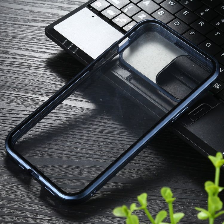 For iPhone 12 / 12 Pro Sliding Lens Cover Mirror Design Four-corner Shockproof Magnetic Metal Frame Double-sided Tempered Glass Case(Blue) - iPhone 12 / 12 Pro Cases by PMC TechLife | Online Shopping South Africa | PMC TechLife