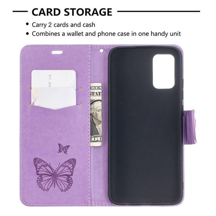 For Samsung Galaxy A02s (EU Version) Embossing Two Butterflies Pattern Horizontal Flip PU Leather Case with Holder & Card Slot & Wallet & Lanyard(Purple) - Galaxy Phone Cases by PMC TechLife | Online Shopping South Africa | PMC TechLife