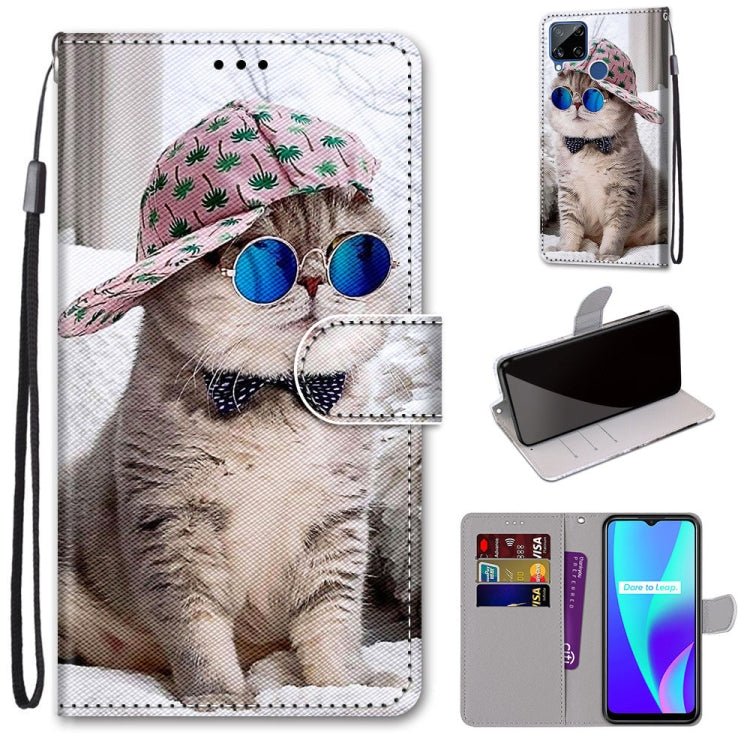 For OPPO Realme C15 / C12 / C25 / 7i (Global) / Narzo 20 / 30A Coloured Drawing Cross Texture Horizontal Flip PU Leather Case with Holder & Card Slots & Wallet & Lanyard(Slant Hat Blue Mirror Cat) - Realme Cases by PMC TechLife | Online Shopping South Africa | PMC TechLife | Buy Now Pay Later Mobicred