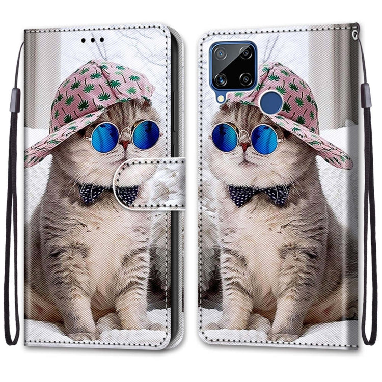 For OPPO Realme C15 / C12 / C25 / 7i (Global) / Narzo 20 / 30A Coloured Drawing Cross Texture Horizontal Flip PU Leather Case with Holder & Card Slots & Wallet & Lanyard(Slant Hat Blue Mirror Cat) - Realme Cases by PMC TechLife | Online Shopping South Africa | PMC TechLife | Buy Now Pay Later Mobicred