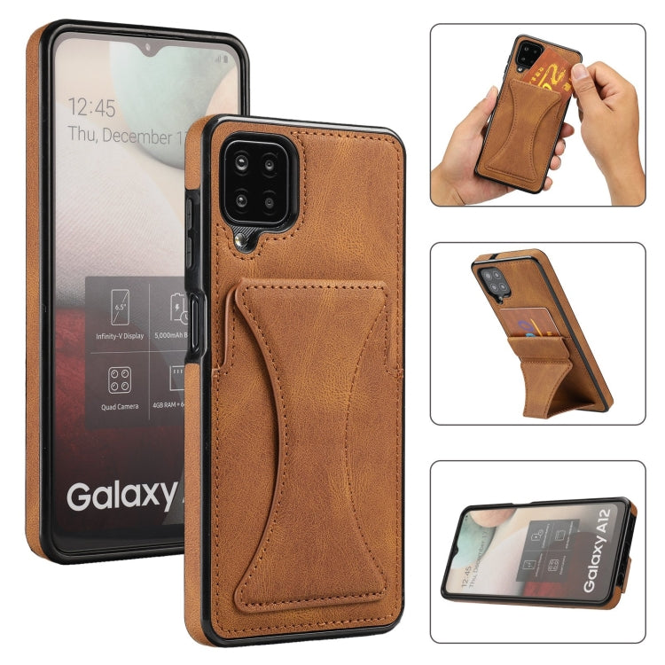 For Samsung Galaxy A12 Ultra-thin Shockproof Protective Case with Holder(Brown) - Galaxy Phone Cases by PMC TechLife | Online Shopping South Africa | PMC TechLife | Buy Now Pay Later Mobicred