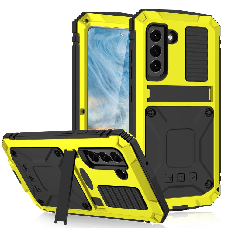 For Samsung Galaxy S21 FE R-JUST Shockproof Waterproof Dust-proof Metal + Silicone Protective Case with Holder(Yellow) - Galaxy Phone Cases by R-JUST | Online Shopping South Africa | PMC TechLife | Buy Now Pay Later Mobicred
