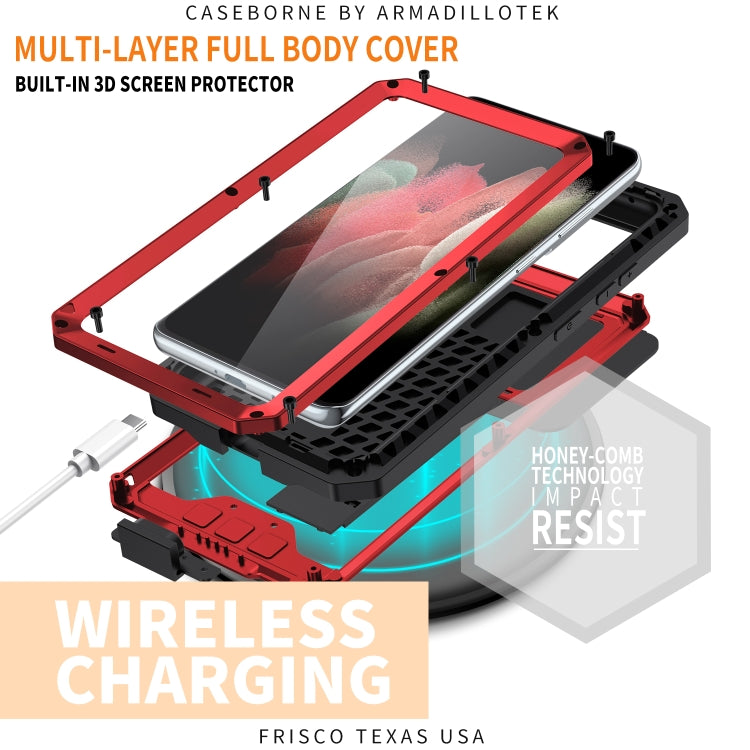 For Samsung Galaxy S21 Ultra 5G R-JUST Sliding Lens Cover Shockproof Dustproof Waterproof Metal + Silicone Case with Invisible Holder(Red) - free shipping - PMC TechLife - Order now!