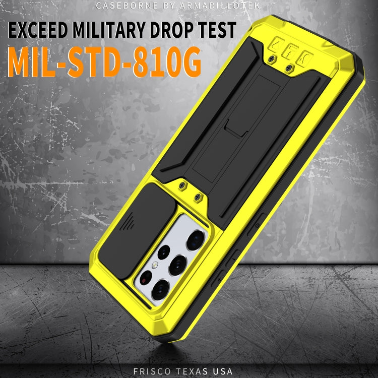 For Samsung Galaxy S21 Ultra 5G R-JUST Sliding Lens Cover Shockproof Dustproof Waterproof Metal + Silicone Case with Invisible Holder(Yellow) - free shipping - PMC TechLife - Order now!
