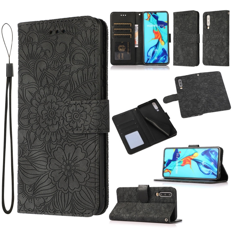 For Huawei P30 Skin Feel Embossed Sunflower Horizontal Flip Leather Case with Holder & Card Slots & Wallet & Lanyard(Black) - Huawei Cases by PMC TechLife | Online Shopping South Africa | PMC TechLife