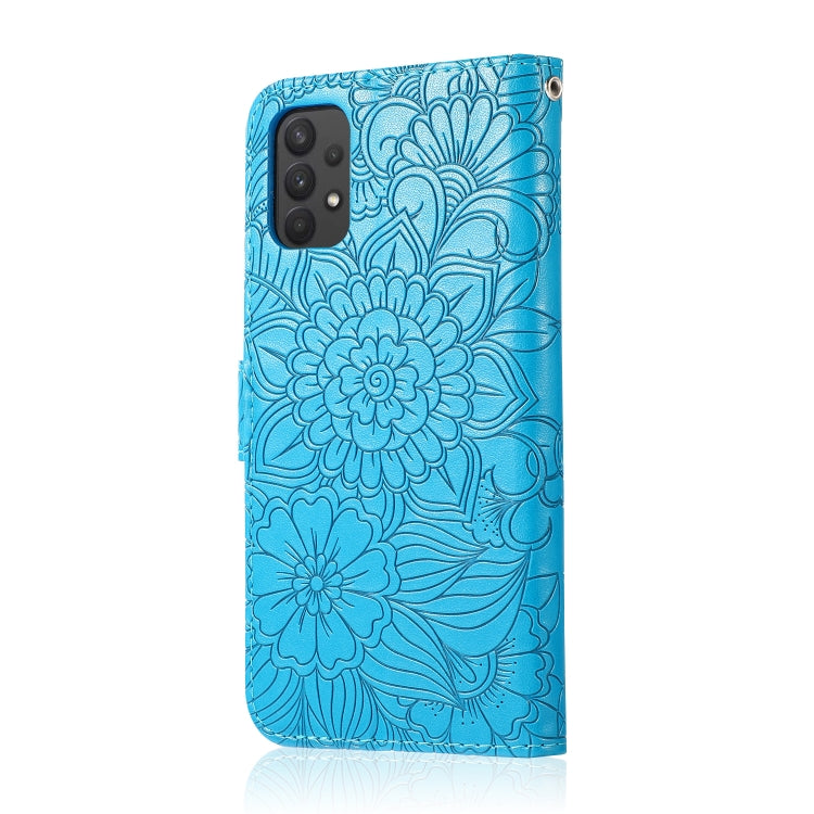 For Samsung Galaxy A32 4G Skin Feel Embossed Sunflower Horizontal Flip Leather Case with Holder & Card Slots & Wallet & Lanyard(Blue) - Galaxy Phone Cases by PMC TechLife | Online Shopping South Africa | PMC TechLife