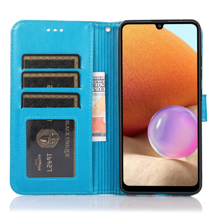 For Samsung Galaxy A32 4G Skin Feel Embossed Sunflower Horizontal Flip Leather Case with Holder & Card Slots & Wallet & Lanyard(Blue) - Galaxy Phone Cases by PMC TechLife | Online Shopping South Africa | PMC TechLife