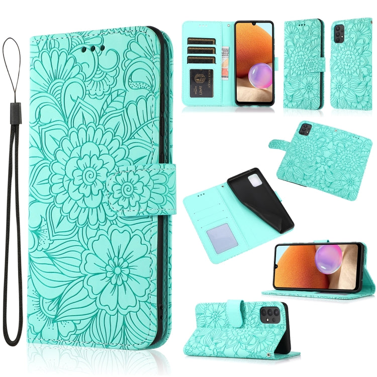 For Samsung Galaxy A32 4G Skin Feel Embossed Sunflower Horizontal Flip Leather Case with Holder & Card Slots & Wallet & Lanyard(Green) - Galaxy Phone Cases by PMC TechLife | Online Shopping South Africa | PMC TechLife