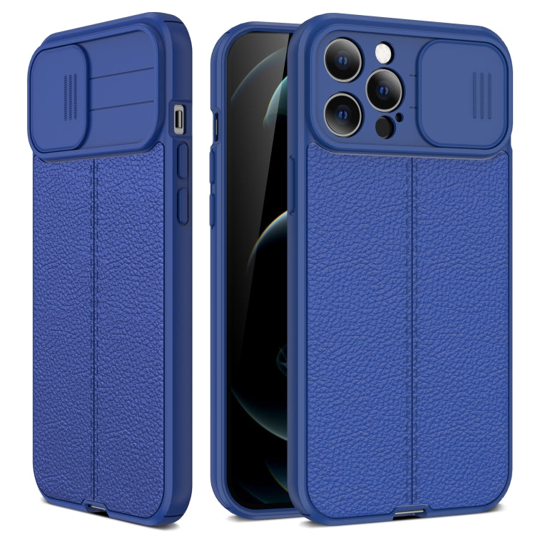 For iPhone 11 Pro Max Litchi Texture Sliding Camshield TPU Protective Case (Blue) - iPhone 11 Pro Max Cases by PMC TechLife | Online Shopping South Africa | PMC TechLife | Buy Now Pay Later Mobicred