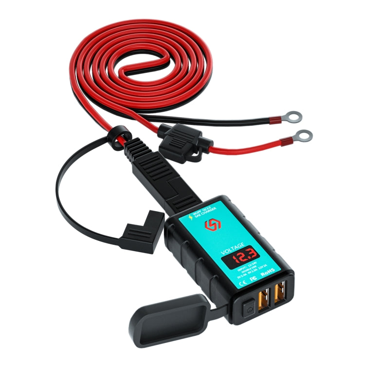 WUPP ZH-1422A3 DC12-24V Motorcycle Square Dual USB Fast Charging Charger with Switch + Voltmeter + Integrated SAE Socket + 1.4m OT Terminal Cable - Battery Charger by WUPP | Online Shopping South Africa | PMC TechLife | Buy Now Pay Later Mobicred