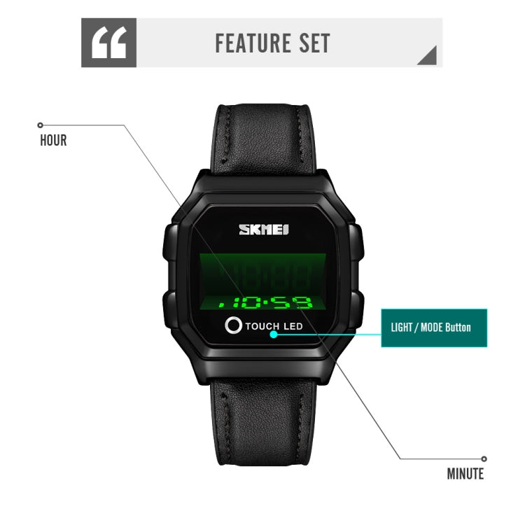 SKMEI 1650 Leather Strap Version LED Digital Display Electronic Watch with Touch Luminous Button(Black) - free shipping - PMC TechLife - Order now!