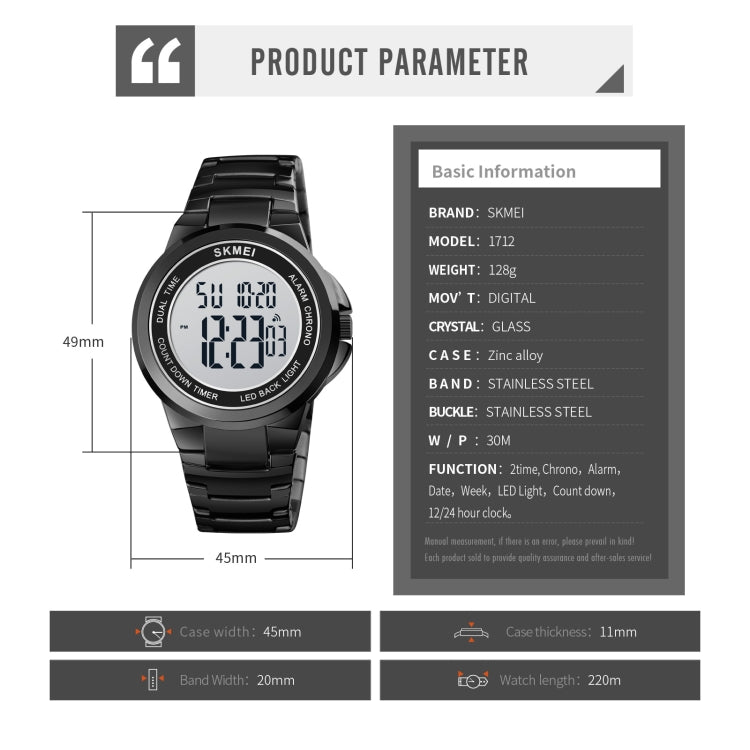 SKMEI 1712 Dual Time LED Digital Display Luminous Stainless Steel Strap Electronic Watch(Silver and White) - free shipping - PMC TechLife - Order now!