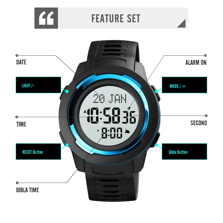 SKMEI 1729 Qibla Calendar Timing Multifunctional LED Digital Display Luminous Electronic Watch(Blue and White) - free shipping - PMC TechLife - Order now!