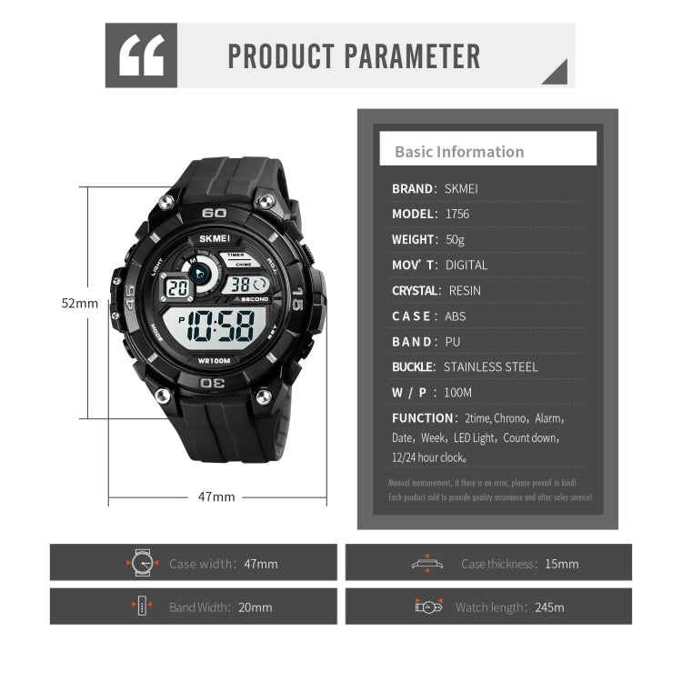 SKMEI 1756 Dual Time Countdown Alarm Clock Men Sports Luminous Electronic Watch(Black) - free shipping - PMC TechLife - Order now!