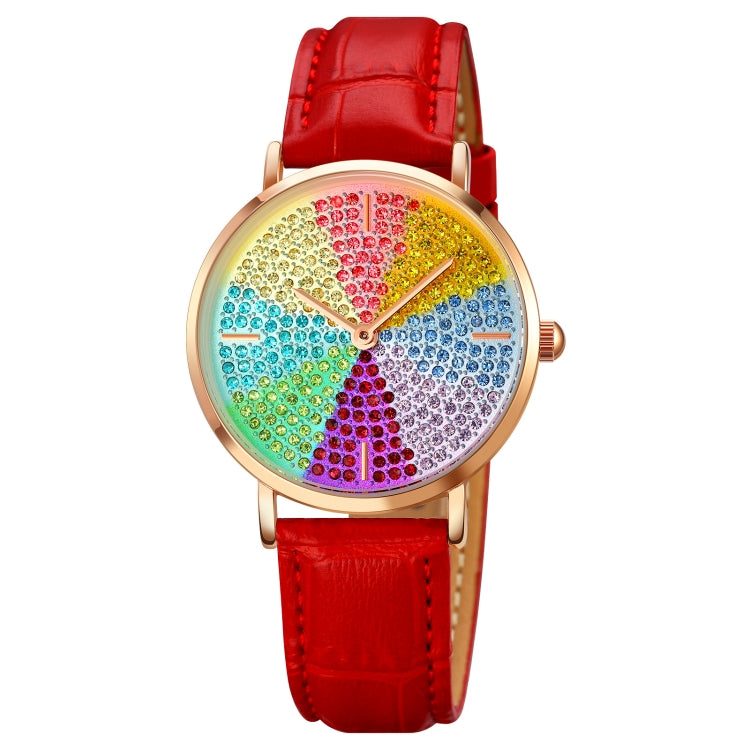 SKMEI 1811 Eight Color Diamond Round Dial Quartz Watch for Ladies(Red Leather Belt) - free shipping - PMC TechLife - Order now!
